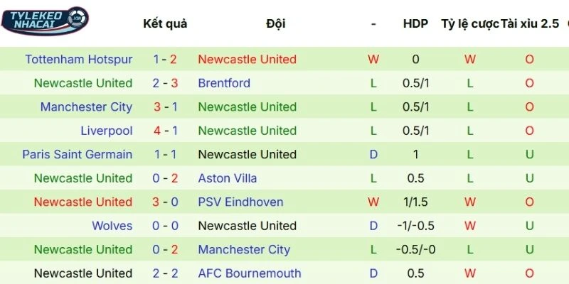 Thành tích 5 lần ra sân gần nhất của Newcastle United