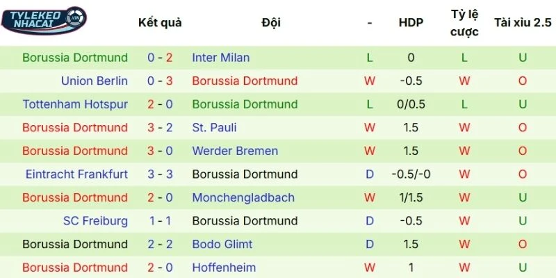Thành tích 5 lần ra sân gần đây của Dortmund