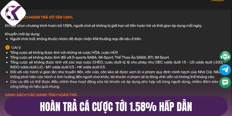 Hoàn trả cá cược tới 1.58% hấp dẫn